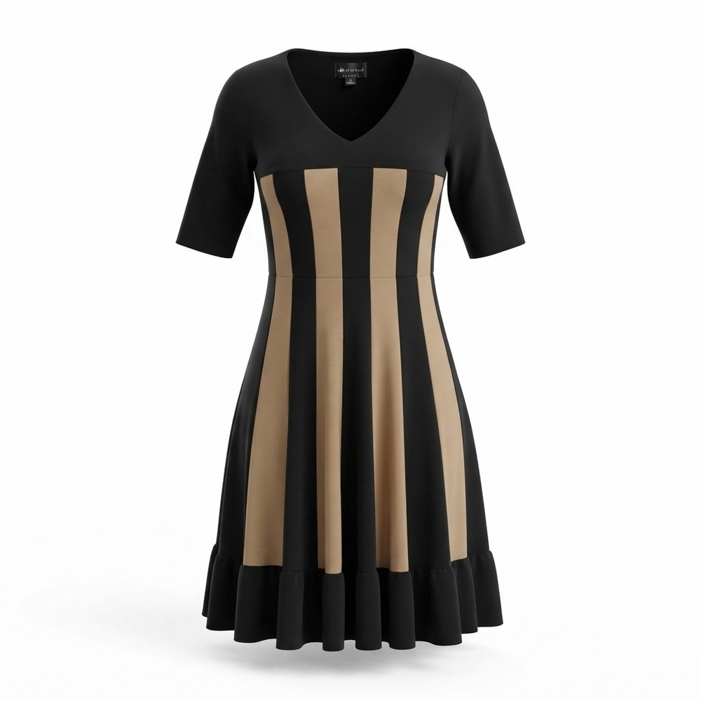 Connected Apparel Black Tan Striped V-Neck Fit & Flare Dress Women's Size 12